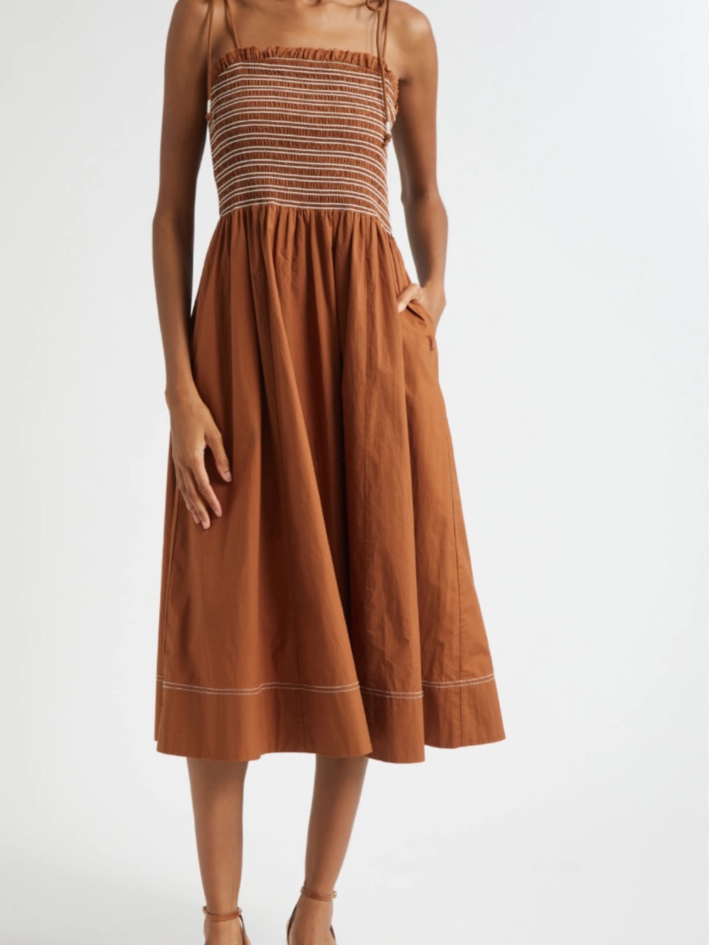 Veronica Beard Rust Smocked Midi Dress with Adjustable Straps